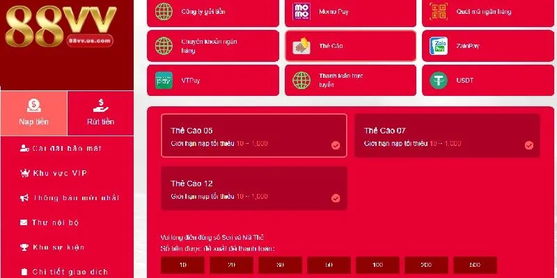 Nạp tiền 88VV qua thẻ cào điện thoại dễ dàng 